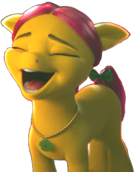 Size: 525x666 | Tagged: safe, edit, edited screencap, screencap, posey bloom, earth pony, pony, g5, 3d, amused, bow, cropped, eyes closed, female, happy, jewelry, mare, necklace, open mouth, open smile, pink mane, png, posey bloom is amused, simple background, smiling, solo, standing, tail, tail bow, transparent background, uvula, when she smiles, yellow skin