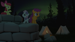 Size: 1920x1080 | Tagged: safe, artist:vulchrys, apple bloom, scootaloo, sweetie belle, earth pony, pony, g4, 3d, aurora borealis, blender, campfire, camping, cutie mark crusaders, cycles render, forest, forest background, night, rock, ruins, tent, well
