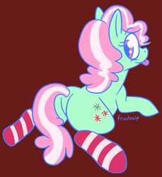 Size: 819x894 | Tagged: safe, artist:froutsuip, minty, earth pony, pony, g3, butt, clothes, female, looking back, lying down, plot, socks, solo, striped socks, tongue out