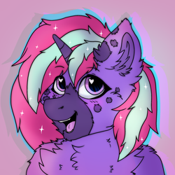 Size: 2000x2000 | Tagged: safe, artist:sorajona, oc, oc:neon bubble, pony, unicorn, bust, chest fluff, cute, ear fluff, female, heart, heart eyes, high res, horn, icon, mare, portrait, smiling, solo, sparkles, wingding eyes