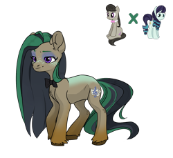 Size: 1278x1173 | Tagged: safe, artist:crumbelinadicarmello, coloratura, octavia melody, oc, earth pony, pony, g4, avatar maker fantasy pony, black mane, bowtie, brown coat, eyeshadow, female, freckles, green mane, lesbian, lidded eyes, long mane, magical lesbian spawn, makeup, oc focus, offspring, parent:coloratura, parent:octavia melody, parents:taviratura, shipping, simple background, taviratura, transparent background, trio, unshorn fetlocks