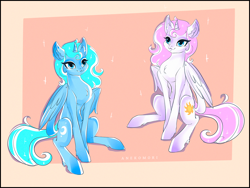 Size: 1280x960 | Tagged: safe, artist:anekomori, princess celestia, princess luna, alicorn, pony, g4, alternate design, alternate hairstyle, blue eyes, blue mane, chest fluff, colored, colored background, colored sketch, concave belly, duo, eyelashes, horn, pink mane, pink-mane celestia, simple background, sitting, sketch, slender, thin, wings