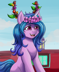 Size: 1400x1700 | Tagged: safe, artist:zachc, izzy moonbow, pony, unicorn, g5, my little pony: make your mark, my little pony: make your mark chapter 3, winter wishday, spoiler:g5, spoiler:winter wishday, colored, female, floral head wreath, flower, gradient mane, mare, shading, smiling, solo