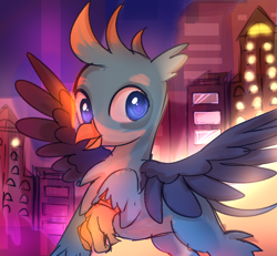 Size: 1080x1000 | Tagged: source needed, safe, artist:woolen cloe, gallus, griffon, g4, city, glowing, happy, male, night, solo