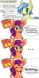 Size: 2500x5000 | Tagged: safe, artist:zemlya, sunny starscout, oc, earth pony, pegasus, pony, unicorn, g5, ..., comic, cute, dialogue, duo, eyes closed, female, mare, misspelling, realization, sign, simple background, speech bubble, sunnybetes, talking, text