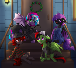 Size: 3500x3144 | Tagged: safe, artist:lambydwight, oc, oc:astral bulb, oc:cloud twist, oc:lightning weather, bat pony, pegasus, pony, unicorn, clothes, cosplay, costume, halloween, halloween costume, high res, holiday