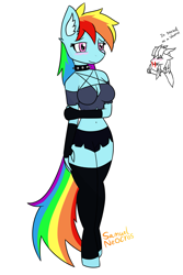 Size: 1013x1512 | Tagged: safe, artist:samuel-neocros, rainbow dash, oc, oc:neocros, pegasus, anthro, unguligrade anthro, g4, belly button, blood, blushing, breasts, busty rainbow dash, choker, clothes, cosplay, costume, cute, female, female focus, halloween, hellaverse, helluva boss, holiday, loona (helluva boss), midriff, nosebleed, pentagram, simple background, socks, solo focus, spiked choker, story included, thigh highs, white background