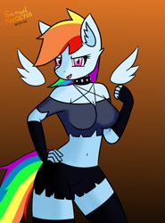 Size: 1013x1371 | Tagged: safe, artist:samuel-neocros, rainbow dash, pegasus, anthro, g4, belly button, breasts, busty rainbow dash, choker, clothes, collar, cosplay, costume, cute, female, floating wings, gradient background, hellaverse, helluva boss, loona (helluva boss), midriff, pentagram, socks, solo, spiked choker, thigh highs, wings
