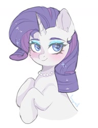 Size: 1024x1331 | Tagged: safe, artist:arllistar, rarity, pony, unicorn, g4, blushing, female, jewelry, looking at you, mare, necklace, pearl necklace, simple background, smiling, smiling at you, solo, white background