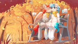 Size: 1920x1080 | Tagged: safe, artist:peachmayflower, oc, oc only, oc:ericken, oc:time slowly, alicorn, pony, unicorn, alicorn oc, bench, blushing, clothes, duo, ericly, forest, glasses, horn, leaves, scarf, wings