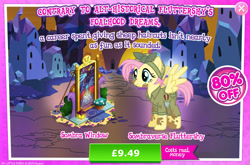 Size: 1960x1292 | Tagged: safe, gameloft, fluttershy, king sombra, pegasus, pony, unicorn, g4, my little pony: magic princess, advertisement, alternate hairstyle, alternate timeline, apocalypse fluttershy, bush, camouflage, clothes, costs real money, crystal empire, crystal war timeline, english, female, flower, flower pot, hat, introduction card, mare, mud, numbers, sale, solo, sombraverse, spread wings, stained glass, text, wings