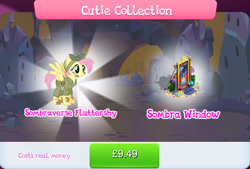 Size: 1270x857 | Tagged: safe, gameloft, fluttershy, king sombra, pegasus, pony, unicorn, g4, my little pony: magic princess, alternate hairstyle, alternate timeline, apocalypse fluttershy, bundle, bush, camouflage, clothes, costs real money, crystal empire, crystal war timeline, cutie collection, english, female, flower, flower pot, hat, mare, mud, numbers, sale, solo, sombraverse, spread wings, stained glass, text, wings