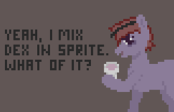 Size: 1292x834 | Tagged: safe, artist:longsword, derpibooru exclusive, oc, oc only, pony, cup, dexterous hooves, drug use, drugs, female, looking at you, mare, medicine, missing horn, pixel art, sprite, text