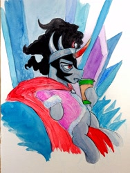 Size: 1698x2264 | Tagged: safe, artist:invalid-david, king sombra, pony, unicorn, the crystal empire 10th anniversary, g4, bathrobe, clothes, coffee, male, robe, sitting, sketchbook, solo, stallion, traditional art, watercolor painting