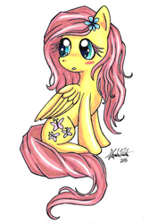 Size: 751x1063 | Tagged: safe, artist:jejejoja, fluttershy, pegasus, pony, g4, 2012, blush sticker, blushing, flower, flower in hair, old art, simple background, solo, traditional art, turned head, white background