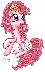 Size: 1207x1905 | Tagged: safe, artist:jejejoja, pinkie pie, earth pony, pony, g4, 2012, flower, flower in hair, old art, simple background, solo, traditional art, turned head, white background