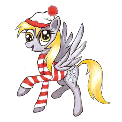 Size: 500x500 | Tagged: safe, artist:jejejoja, derpy hooves, pegasus, pony, g4, 2012, clothes, hat, old art, raised hoof, shirt, simple background, solo, striped shirt, traditional art, where's waldo, white background