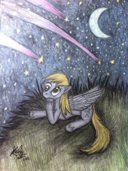 Size: 1280x1714 | Tagged: safe, artist:jejejoja, derpy hooves, pegasus, pony, g4, 2012, crescent moon, lying down, moon, night, old art, shooting star, solo, stars, traditional art