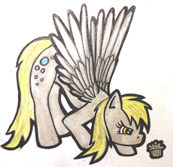 Size: 1024x989 | Tagged: safe, artist:jejejoja, derpy hooves, pegasus, pony, g4, 2012, crouching, food, looking at something, muffin, old art, slender, solo, thin, traditional art