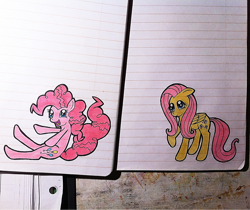 Size: 1024x860 | Tagged: safe, artist:jejejoja, fluttershy, pinkie pie, earth pony, pegasus, pony, g4, 2012, duo, lined paper, notebook, old art, open mouth, open smile, raised hoof, smiling