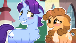 Size: 2914x1646 | Tagged: safe, artist:moccabliss, november rain, oc, oc:cake pop, earth pony, pony, unicorn, g4, awkward smile, base used, chest fluff, duo, female, floppy ears, friendship student, male, mare, offspring, parent:cheese sandwich, parent:pinkie pie, parents:cheesepie, smiling, stallion