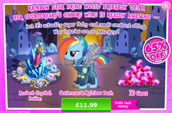 Size: 1960x1296 | Tagged: safe, gameloft, rainbow dash, pegasus, pony, g4, my little pony: magic princess, advertisement, alternate hairstyle, alternate timeline, amputee, apocalypse dash, armor, artificial wings, augmented, clothes, cork, costs real money, crystal, crystal empire, crystal war timeline, element of generosity, element of honesty, element of kindness, element of laughter, element of loyalty, element of magic, english, eye scar, facial scar, female, gem, introduction card, mare, mechanical wing, numbers, potion, prosthetic limb, prosthetic wing, prosthetics, sale, scar, solo, sombraverse, spread wings, test tube, text, torn ear, uniform, wings