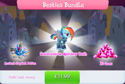 Size: 1264x856 | Tagged: safe, gameloft, rainbow dash, pegasus, pony, g4, my little pony: magic princess, alternate hairstyle, alternate timeline, amputee, apocalypse dash, armor, artificial wings, augmented, bundle, clothes, cork, costs real money, crystal, crystal empire, crystal war timeline, element of generosity, element of honesty, element of kindness, element of laughter, element of loyalty, element of magic, english, eye scar, facial scar, female, gem, mare, mechanical wing, numbers, potion, prosthetic limb, prosthetic wing, prosthetics, sale, scar, solo, sombraverse, spread wings, test tube, text, torn ear, uniform, wings