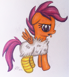 Size: 919x1024 | Tagged: safe, artist:jejejoja, scootaloo, pegasus, pony, g4, 2012, animal costume, chicken suit, clothes, costume, old art, scootachicken, scootaloo is not amused, solo, tongue out, traditional art, unamused