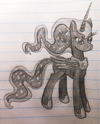 Size: 831x1024 | Tagged: safe, artist:jejejoja, princess luna, alicorn, pony, g4, 2012, grayscale, lined paper, monochrome, old art, slender, solo, thin, traditional art