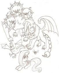 Size: 808x989 | Tagged: safe, artist:jejejoja, cerberus (g4), fluttershy, cerberus, cockatrice, manticore, parasprite, pegasus, pony, g4, 2012, monochrome, multiple heads, old art, sketch, three heads, traditional art