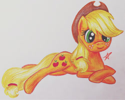 Size: 1280x1028 | Tagged: safe, artist:jejejoja, applejack, earth pony, pony, g4, 2012, lying down, old art, solo, traditional art