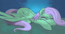 Size: 1280x679 | Tagged: safe, artist:verrmont, fluttershy, pegasus, pony, g4, crying, eyes closed, lying down, sad, solo