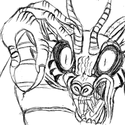 Size: 2004x2004 | Tagged: safe, artist:tigerbeetle, idw, cosmos, discord, draconequus, g4, claws, duo, fingernails, high res, horns, kaijufied, sketch, slit pupils