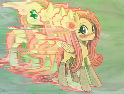 Size: 600x455 | Tagged: safe, artist:cosmicunicorn, fluttershy, pegasus, pony, g4, 2015, blushing, clothes, error, flower, flower in hair, glitch, old art, socks, solo