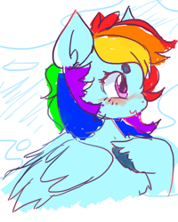 Size: 800x1000 | Tagged: safe, artist:kotokoe, rainbow dash, pegasus, pony, g4, 2014, :3, beanbrows, eyebrows, hoof on chest, old art, profile, solo