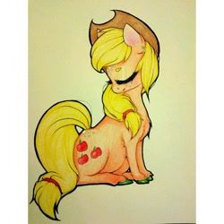 Size: 1224x1224 | Tagged: safe, artist:cozygh0st, applejack, earth pony, pony, g4, eyes closed, solo, traditional art, turned head