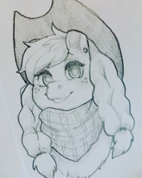 Size: 1280x1600 | Tagged: safe, artist:cozygh0st, applejack, earth pony, pony, g4, alternate hairstyle, bust, ear piercing, grayscale, monochrome, neckerchief, piercing, smiling, solo, traditional art