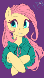 Size: 640x1136 | Tagged: safe, artist:deadmadness665, fluttershy, pegasus, pony, g4, clothes, hoodie, purple background, simple background, solo