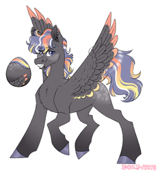 Size: 2000x2160 | Tagged: safe, artist:dozyarts, oc, oc only, unnamed oc, pegasus, pony, colored wings, colored wingtips, egg, eye clipping through hair, eyebrows, eyebrows visible through hair, grin, high res, looking at you, male, pegasus oc, simple background, smiling, smiling at you, solo, spread wings, stallion, white background, wings