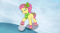 Size: 1280x720 | Tagged: safe, screencap, posey bloom, zipp storm, earth pony, pegasus, pony, g5, my little pony: tell your tale, snow pun intended, spoiler:tyts01e37, absurd file size, absurd gif size, animated, clothes, duo, duo female, earmuffs, female, gif, gulp, mare, posey can't catch a break, running away, scarf, snow, snowball, tree