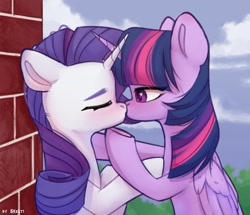 Size: 2047x1759 | Tagged: safe, artist:shelti, rarity, twilight sparkle, alicorn, pony, unicorn, g4, against wall, bipedal, blushing, brick wall, colored pupils, eyes closed, female, heart, heart eyes, horn, horns are touching, kiss on the lips, kissing, lesbian, ship:rarilight, shipping, twilight sparkle (alicorn), wingding eyes