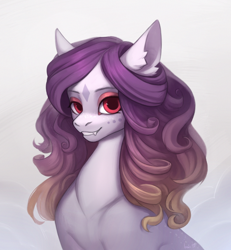 Size: 2400x2600 | Tagged: safe, artist:miurimau, oc, oc only, earth pony, pony, abstract background, body freckles, bust, coat markings, curly mane, earth pony oc, facial markings, fangs, female, freckles, gradient mane, high res, looking at you, mare, red eyes, smiling, smiling at you, solo, star (coat marking)