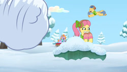 Size: 3072x1727 | Tagged: safe, screencap, dazey puzzle, emerald saucer, lemon gear, posey bloom, earth pony, pegasus, pony, g5, my little pony: tell your tale, snow pun intended, spoiler:g5, spoiler:my little pony: tell your tale, spoiler:tyts01e37, eyes closed, female, filly, flying, foal, male, mare, moments before disaster, open mouth, open smile, posey can't catch a break, smiling, snow, spread wings, stallion, trio, wings, youtube link
