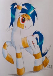 Size: 1707x2463 | Tagged: safe, artist:thecrimsonspark, oc, oc only, oc:murky silentium, pony, unicorn, blue hair, female, female oc, horn, mare, mare oc, mute, pony oc, red eyes, reference, reference sheet, solo, stripes, traditional art, unicorn oc