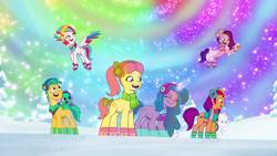 Size: 1920x1080 | Tagged: safe, screencap, hitch trailblazer, izzy moonbow, pipp petals, posey bloom, sparky sparkeroni, sunny starscout, zipp storm, dragon, earth pony, pegasus, pony, unicorn, g5, my little pony: tell your tale, snow pun intended, spoiler:g5, spoiler:my little pony: tell your tale, spoiler:tyts01e37, bow, cellphone, clothes, concentrating, earmuffs, eyes closed, female, glowing, glowing horn, happy, horn, leg warmers, magic, male, mane five, mane stripe sunny, mare, phone, rainbow, scarf, smartphone, snow, snowpony, stallion, telekinesis, tree, youtube link
