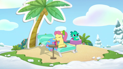 Size: 1920x1080 | Tagged: safe, screencap, posey bloom, sparky sparkeroni, dragon, earth pony, pony, g5, my little pony: tell your tale, snow pun intended, spoiler:g5, spoiler:my little pony: tell your tale, spoiler:tyts01e37, bench, blanket, chair, content, drink, fake palm tree, female, happy, mare, posey catches a break, sand, smoothie, snow, solo, table, tree, youtube link