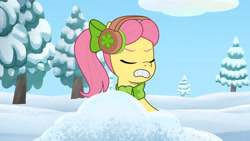 Size: 3072x1727 | Tagged: safe, screencap, posey bloom, earth pony, pony, g5, my little pony: tell your tale, snow pun intended, spoiler:g5, spoiler:my little pony: tell your tale, spoiler:tyts01e37, eyes closed, female, mare, snow, solo, youtube link