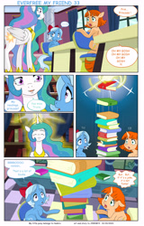 Size: 5749x8962 | Tagged: safe, artist:jeremy3, princess celestia, trixie, oc, oc:flora, alicorn, pony, unicorn, comic:everfree, comic:everfree my friend, g4, book, comic, female, filly, filly trixie, floppy ears, glowing, glowing horn, hoof shoes, horn, jewelry, open mouth, regalia, speech bubble, younger
