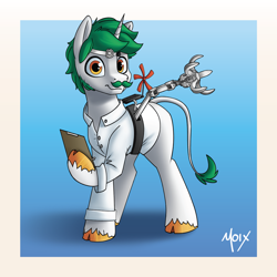 Size: 5000x5000 | Tagged: safe, artist:supermoix, oc, oc:minty snow, pony, unicorn, beard, blue background, clipboard, clothes, coat, facial hair, gadget, green hair, lab coat, laboratory, long tail, looking at you, mechanical claw, moustache, scientist, simple background, solo, strap, tail, white coat