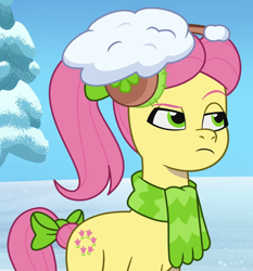 Size: 844x907 | Tagged: safe, screencap, posey bloom, earth pony, pony, g5, my little pony: tell your tale, snow pun intended, spoiler:g5, spoiler:my little pony: tell your tale, spoiler:tyts01e37, bow, clothes, cropped, earmuffs, hair bow, posey bloom is not amused, posey can't catch a break, scarf, snow, solo, tail, tail bow, unamused, winter outfit